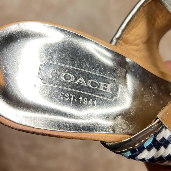 Coach Steffi Heels Pumps Slingback Woven Open Toe Sandals Silver Metallic Blue - Picture 9 of 14